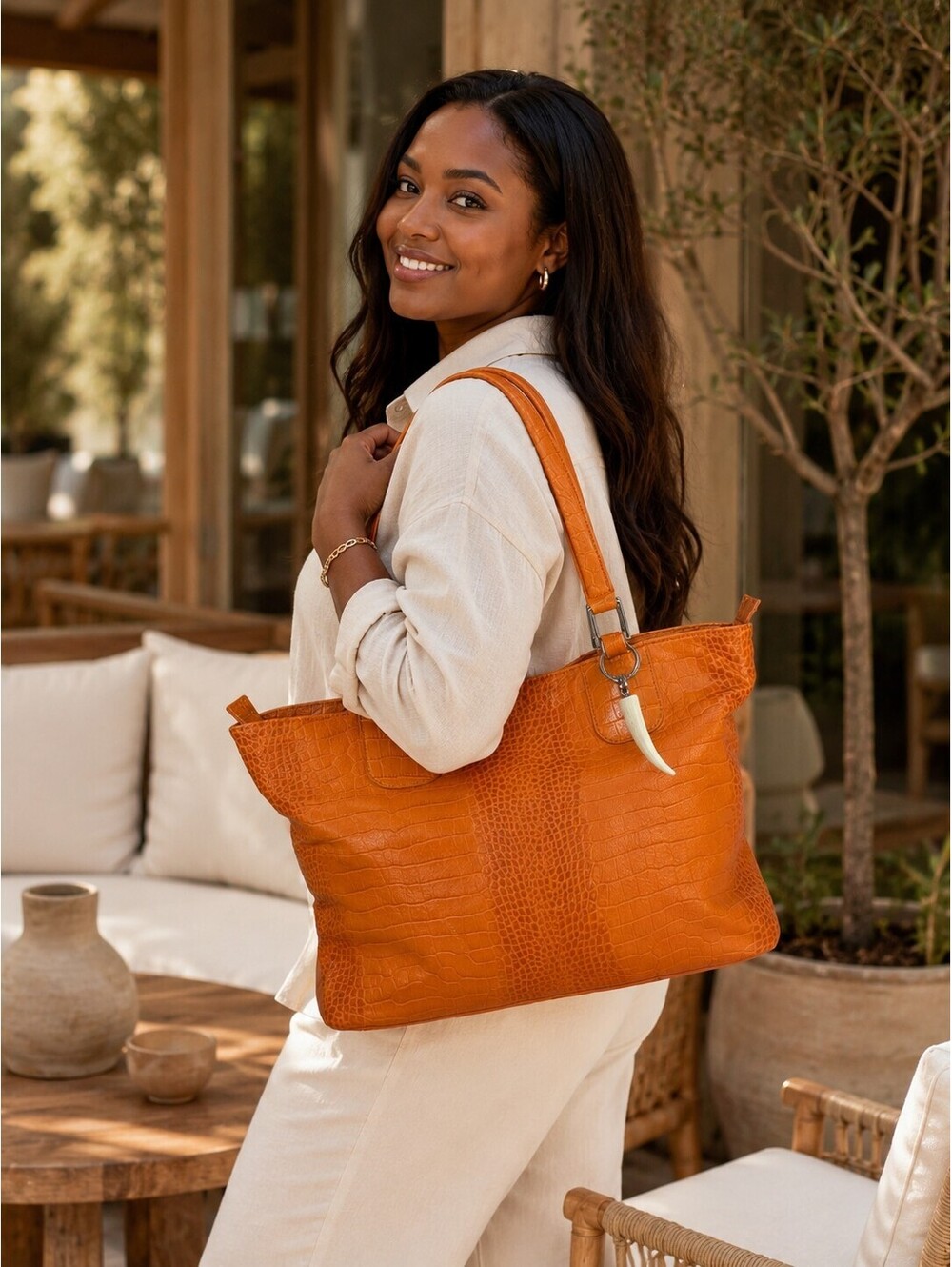 Tosca Blu Orange Crocodile Embossed Leather Tote Bag Horn Charm EUC